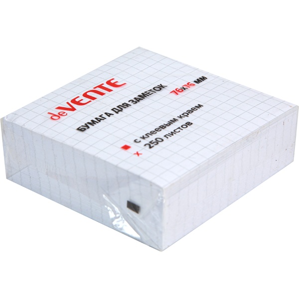 Бумага для заметок с клеевым краем, 76*76 мм, 250 л., 75 г/м², белая в клетку, deVENTE