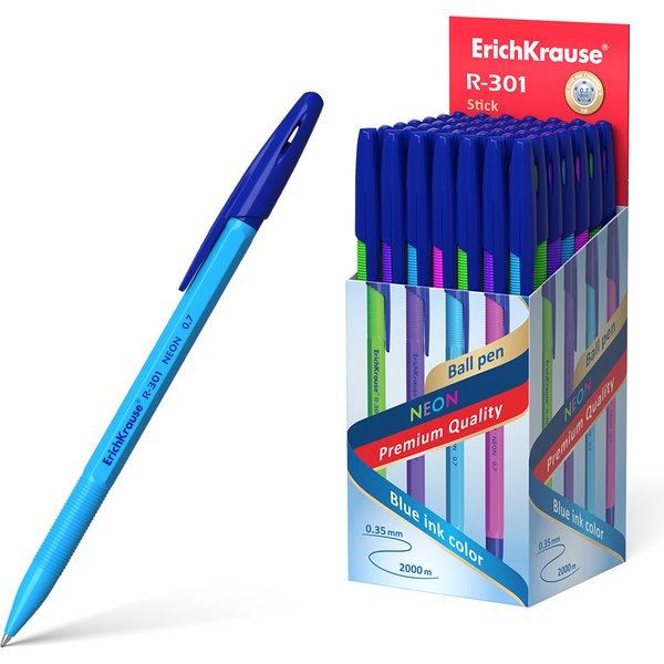 Ручка шариковая синяя, 0.7 мм, рифл. упор, ErichKrause R-301 Stick Neon_4 дизайна