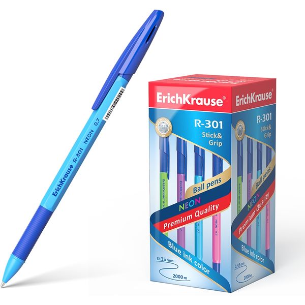 Ручка шариковая синяя, 0.7 мм, эрг. грип, ErichKrause R-301 Stick&Grip Neon_4 дизайна