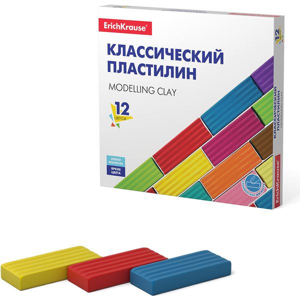 Пластилин классический ErichKrause Basic: 12 цветов, брусок 16 г (к/к)