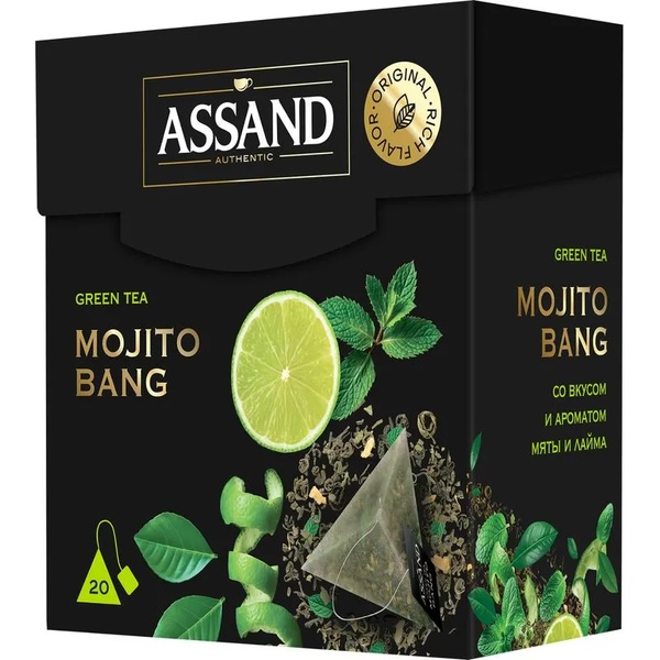 Чай ASSAND Взрыв Мохито, зеленый листовой, аромат мяты и лайма, 20 пирамидок по 1.7 г