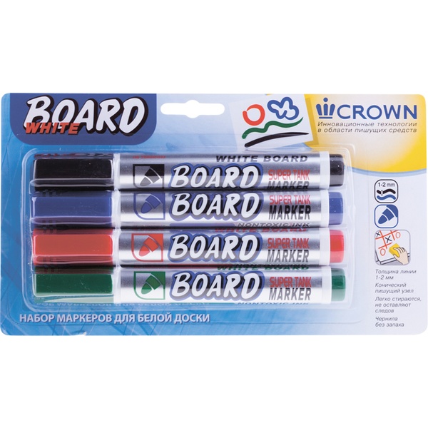 Маркеры для м/м доски, набор 4 цвета, пулевидный н-к, 3 мм, Crown Multi Board Маркеры для м/м доски, набор 4 цвета, пулевидный н-к, 3 мм, Crown Multi Board