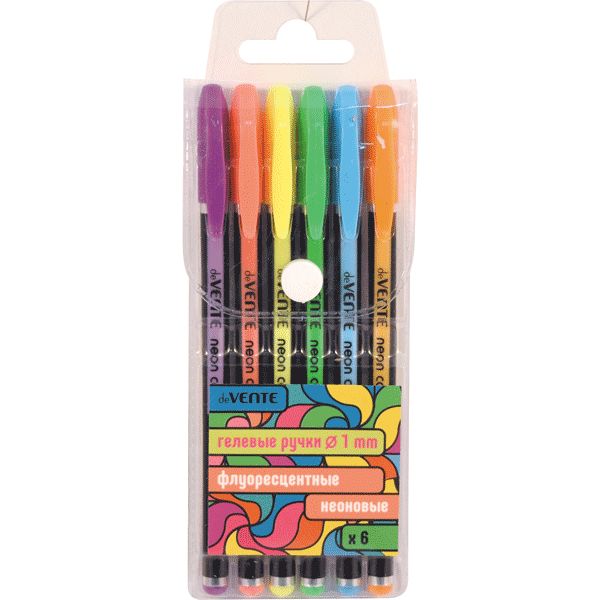 Ручки гелевые, набор 6 шт./6 цв., Ø 1.0 мм, лин. 0.45 мм, deVENTE Neon Black