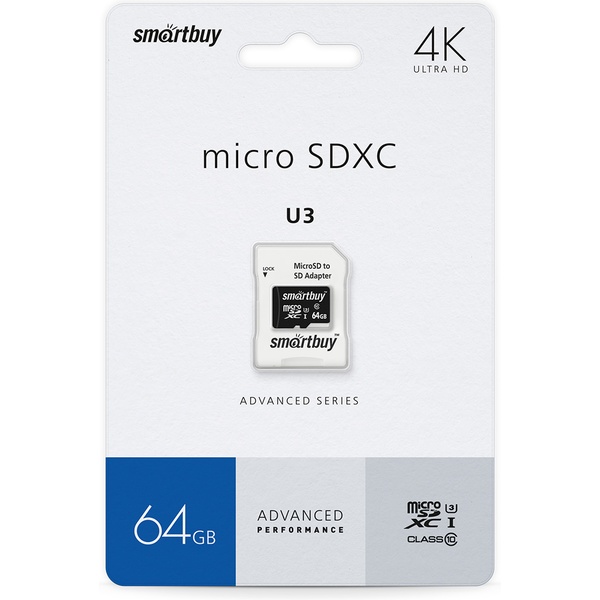 Карта памяти micro SDXC 64 Гб, U3 V30 A1 (class10), R/W: 90/55 Мб/с, 4K UltraHD, адаптер, Smartbuy Advanced
