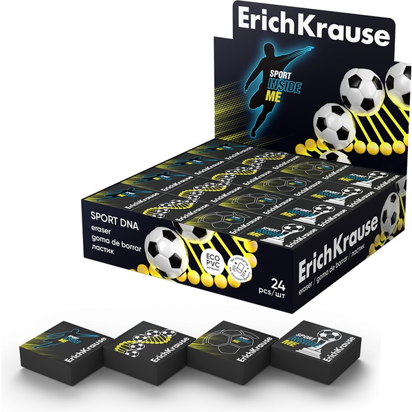 Ластик ErichKrause Sport DNA, экстрамягкий, Eco-PVC, квадрат., 33*32*11 мм, 4 дизайна