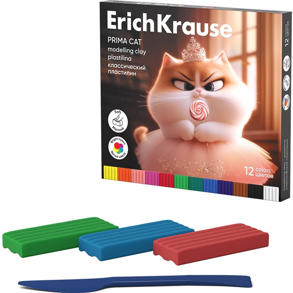 Пластилин классический ErichKrause Prima Cat: 12 цветов, брусок 16 г, стек (к/к)