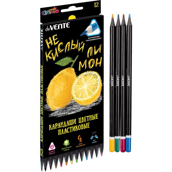 Карандаши цветные 12 шт., пластиковые, трехгранные, 2М, deVENTE Juicy Black (в к/к)