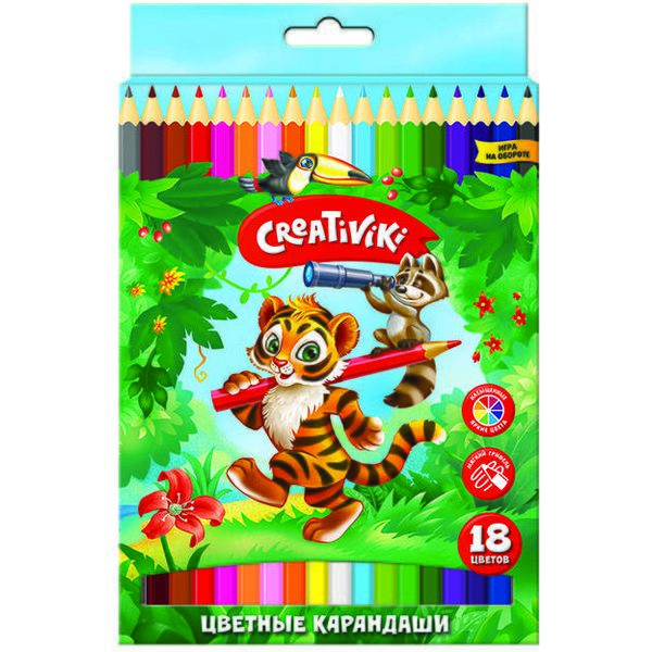 Карандаши цветные 18 шт., деревянные, шестигранные, Creativiki (в к/к)