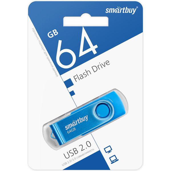 Флеш-накопитель USB 2.0, 64 ГБ, Smartbuy Twist_синий