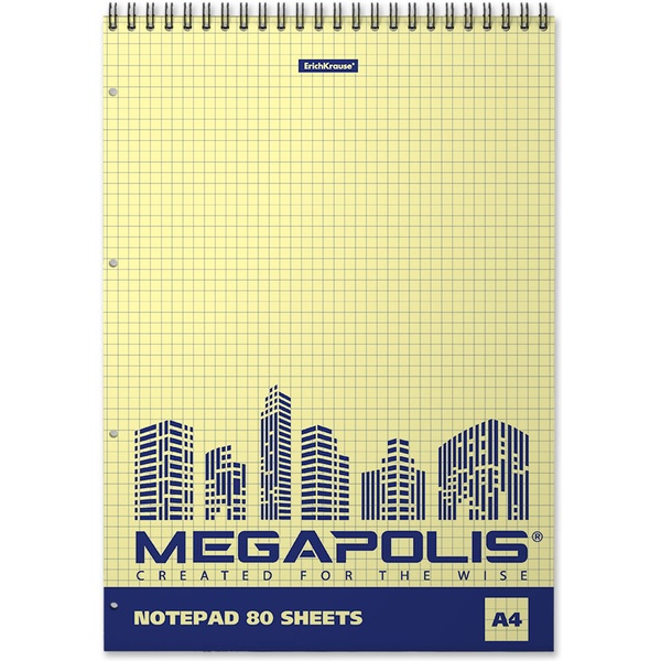 Блокнот на гребне А4 80 л. клетка ErichKrause MEGAPOLIS  Yellow Concept, в/б желтый, перфорация