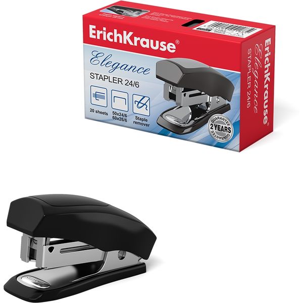 Степлер mini № 24/6 до 20 л. ErichKrause Elegance, встроен. антистеплер, черный Степлер mini № 24/6 до 20 л. ErichKrause Elegance, встроен. антистеплер, черный