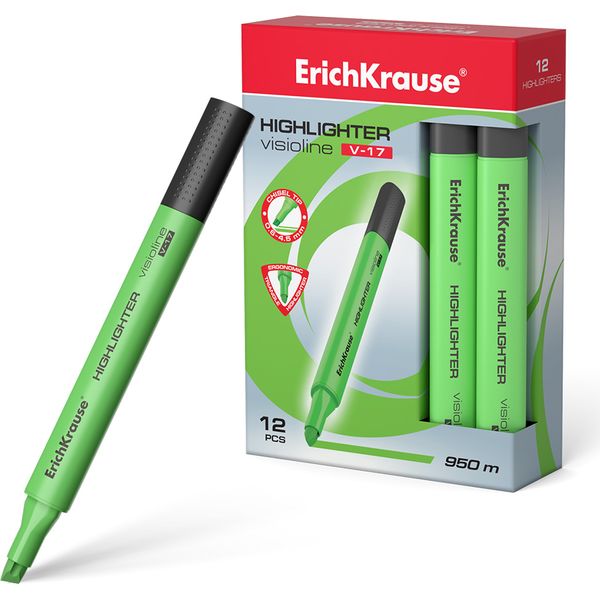 Текстмаркер зеленый, неоновый, ШЛ 0.6-4.5 мм, н-к "клин", трехгр. корпус, ErichKrause Visioline V-17