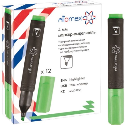 Текстмаркер зеленый, неоновый, ШЛ 1-4 мм, н-к "клин", Attomex  Акция!
