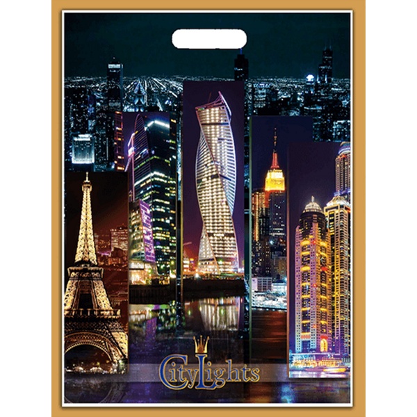 Пакет с вырубной ручкой, 47*38 см, полиэтилен 60 мкм, Городские огни