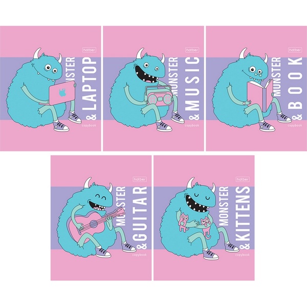 Тетрадь А5, клетка, 48 л., на скобе, 60 г/м², Hatber Милый монстрик_5 дизайнов