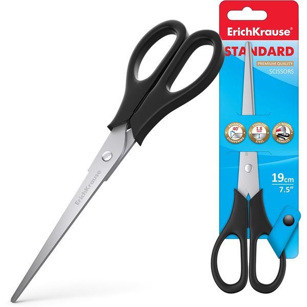 Ножницы 19 см ErichKrause Standard, пластиковые симметричные ручки, черные Ножницы 19 см ErichKrause Standard, пластиковые симметричные ручки, черные