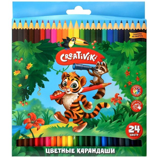 Карандаши цветные 24 шт., деревянные, шестигранные, Creativiki (в к/к)