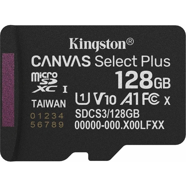 Карта памяти micro SDXC 128 Гб, UHS-1 U1 (class 10), 100 МБ/с, без адап., Kingston Canvas Select Plus
