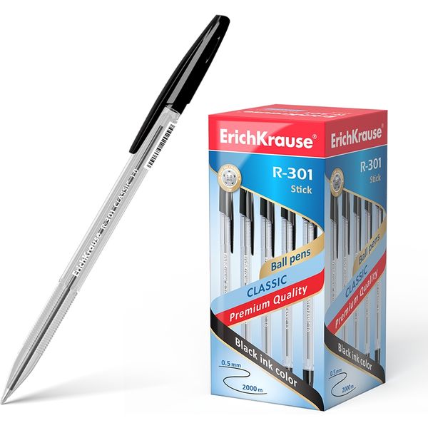 Ручка шариковая черная, 1.0 мм, рифл. упор, прозр. корп., ErichKrause R-301 Stick Classic  Ручка шариковая черная, 1.0 мм, рифл. упор, прозр. корп., ErichKrause R-301 Stick Classic