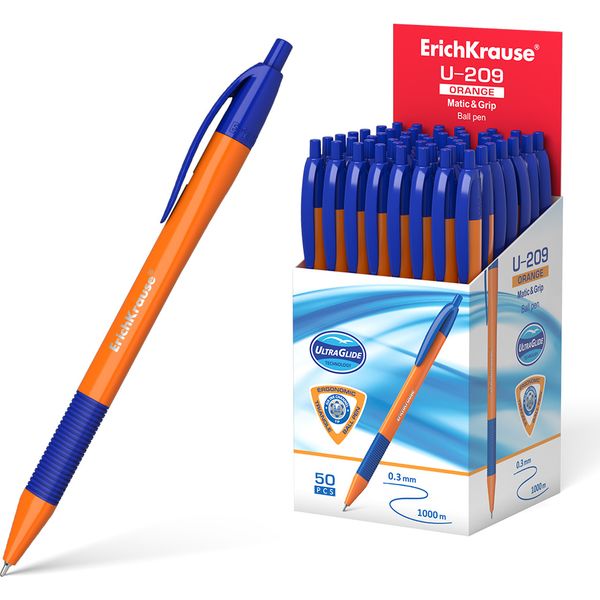 Ручка шариковая автомат., синяя, 1.0 мм "игла", эрг. грип, ErichKrause U-209 Matic&Grip Orange Ручка шариковая автомат., синяя, 1.0 мм "игла", эрг. грип, ErichKrause U-209 Matic&Grip Orange