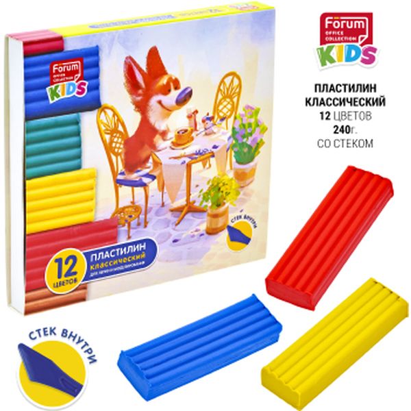 Пластилин классический FORUM Office Collection KIDS Зверята, 12  цветов, 240 г, стек, к/уп.