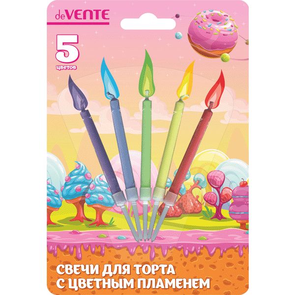Свечи для торта с цветным пламенем, 5 шт., 5 держателей, deVENTE Color flame Свечи для торта с цветным пламенем, 5 шт., 5 держателей, deVENTE Color flame