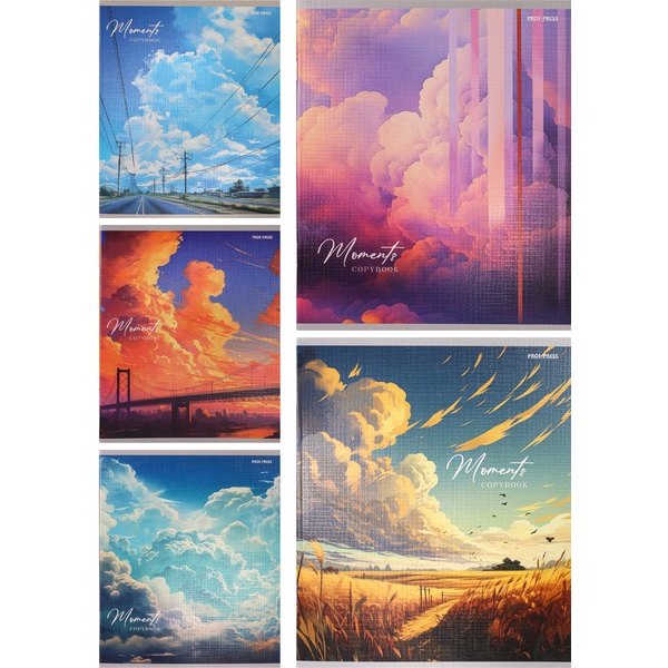 Тетрадь А5, клетка, 48 л., на скобе, 60 г/м², тисн."лен", Prof-Press Облачный пейзаж_5 дизайнов