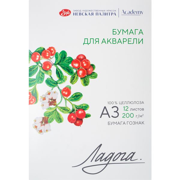Папка для акварели, А3, 12 л., 200 г/м², цв: белый, ср. зерно, целлюлоза 100%, ЛАДОГА Папка для акварели, А3, 12 л., 200 г/м², цв: белый, ср. зерно, целлюлоза 100%, ЛАДОГА