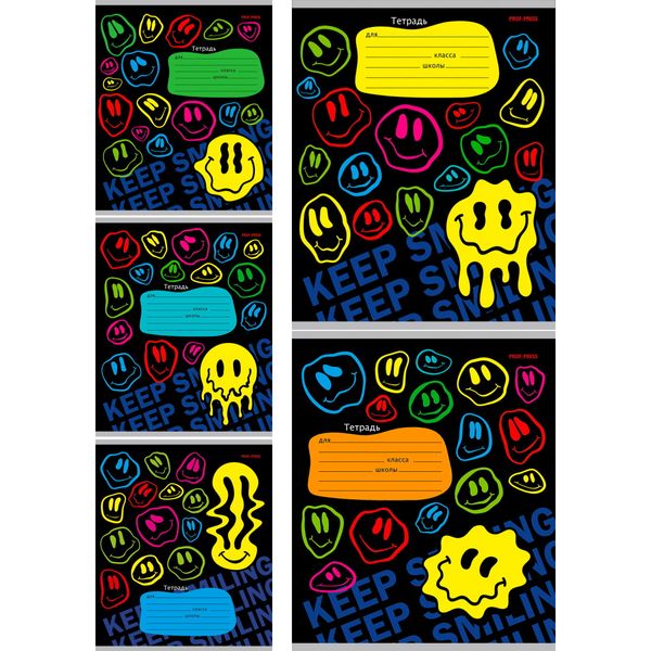 Тетрадь А5, клетка, 12 л., на скобе, 60 г/м², мел. бумага, Prof-Press Crazy smile_5 дизайнов