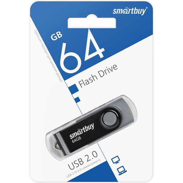 Флеш-накопитель USB 2.0, 64 ГБ, Smartbuy Twis/ Черно-серый