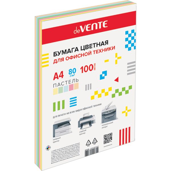 Бумага цветная А4/80/100 л., пастельная, 5 цветов, deVENTE