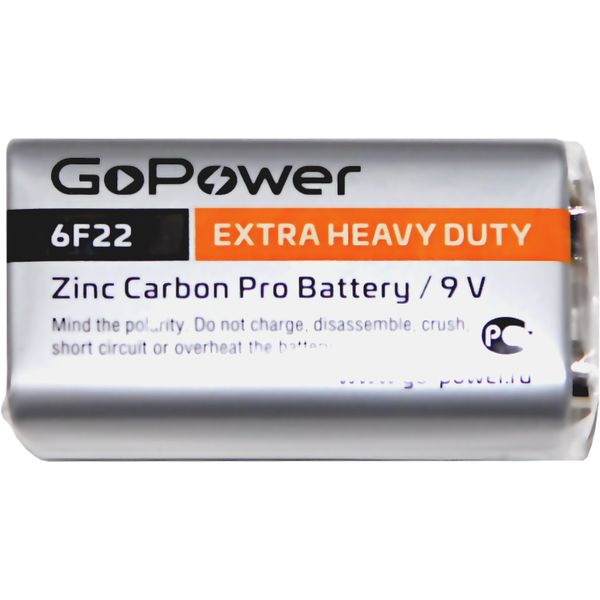 Батарейка 6R61/6F22/крона, 9.0 V, GoPower Heavy Duty/солевая Батарейка 6R61/6F22/крона, 9.0 V, GoPower Heavy Duty/солевая