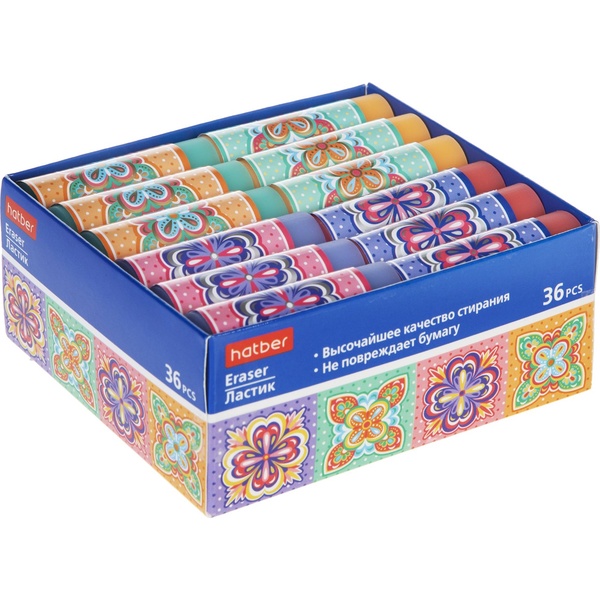 Ластик Hatber Mosaic, Eco-PVC, цилиндрический, 55*17*17 мм, цв. обертка, 4 дизайна