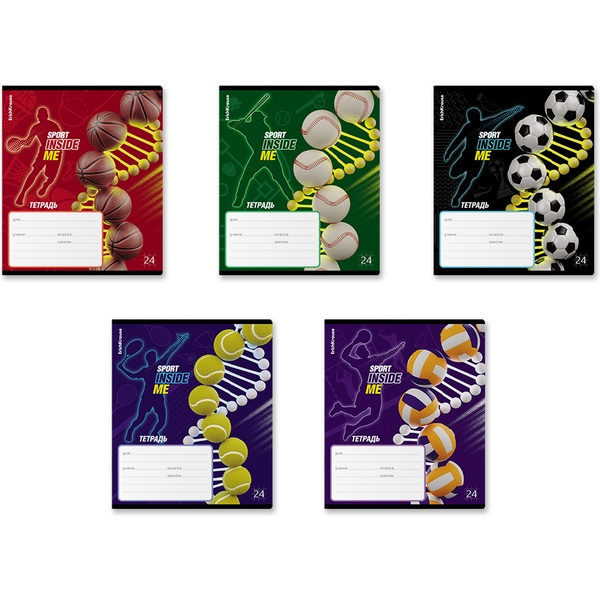 Тетрадь А5, клетка, 24 л., на скобе, 60 г/м², выб. лак, конгрев, ErichKrause Sport DNA_MIX-PACK