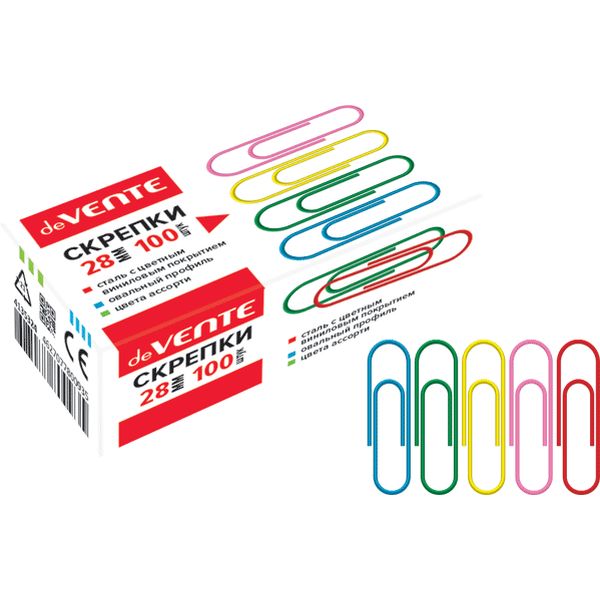 Скрепки 28 мм, цветные, овальные, 100 шт., к/к, deVENTE
