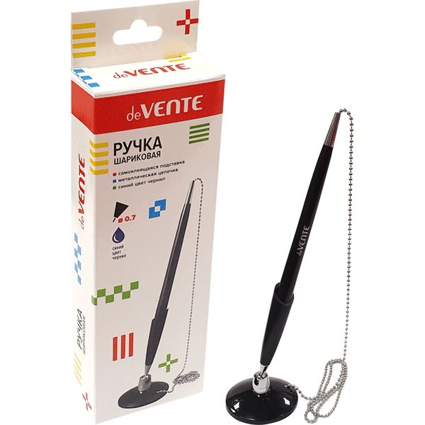 Ручка шариковая на подставке, синяя, 0.7 мм, на метал. цепочке, deVENTE