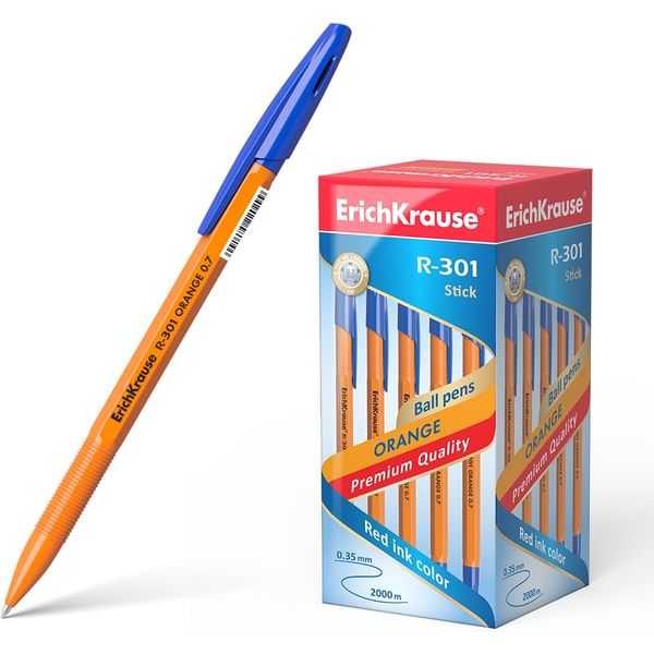 Ручка шариковая синяя, 0.7 мм, узел Standard, грип, ErichKrause R-301 Stick Orange 