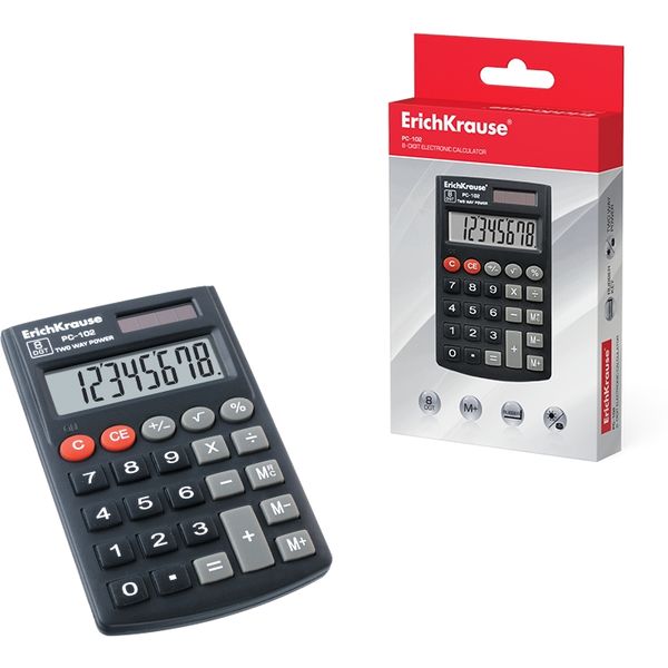 Калькулятор карманный ErichKrause PC-102, 8-разрядный, двойное питание, 98*62*9 мм, черный Калькулятор карманный ErichKrause PC-102, 8-разрядный, двойное питание, 98*62*9 мм, черный