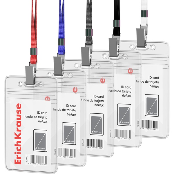 Бейдж на ленте с зажимом ErichKrause, 62*91 мм, вертикальный, 1 отд., ПВХ, цв. ленты ассорти