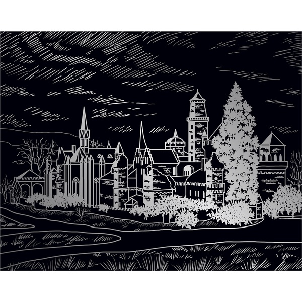 Гравюра Hobbius, 200*255 мм, основа "серебро", Пейзаж_Средневековый замок, 14+