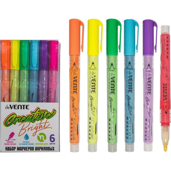 Маркеры акриловые deVENTE Creative Bright, набор 6 цв. (neon), пулевидный н-к, 1.5 мм