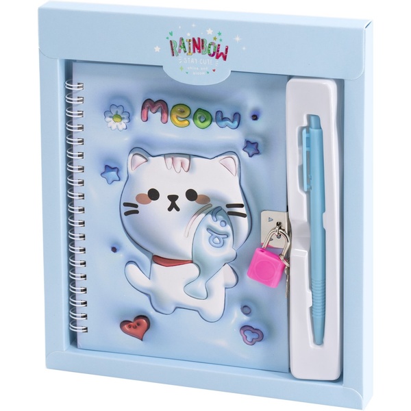 Блокнот с замочком + авторучка в подар. упак. (B6, 45 л., клетка, 3D-обл., гребень) Alingar Котик/ Голубой