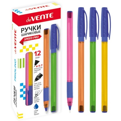 Ручка шариковая, синяя, Ø 0.7 мм "игла", трехгран., тон. корп., эрг. грип, speed pro, deVENTE Neon_4 дизайна