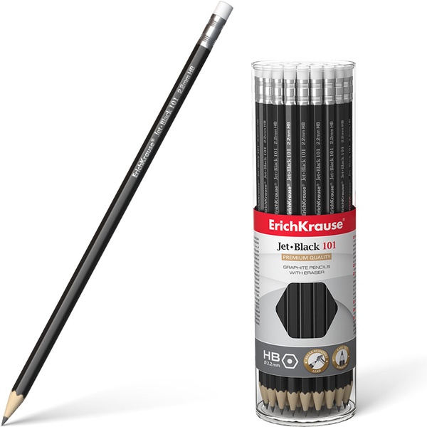 Карандаш чернографитный с ластиком, HB, деревянный, шестигранный, ErichKrause Jet Black Карандаш чернографитный с ластиком, HB, деревянный, шестигранный, ErichKrause Jet Black