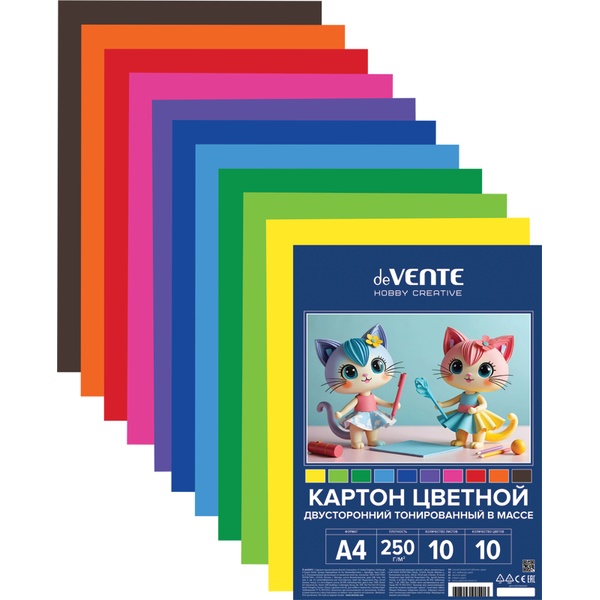Картон цветной тонированный 10 цв., 10 л., А4, 250 г/м2, 2-стор. deVENTE. HOBBY CREATIVE