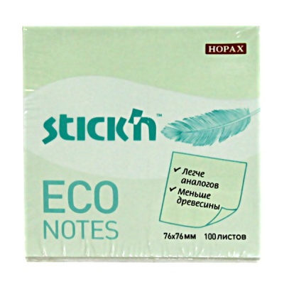 Бумага для заметок с клеевым краем, 76*76 мм, 100 л., 60 г/м2, пастельная, зеленая, Stick`n ECO Hopax