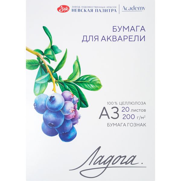 Папка для акварели А3/200/20 л., цвет: белый, целлюлозная 100%, ср. зерно ЛАДОГА