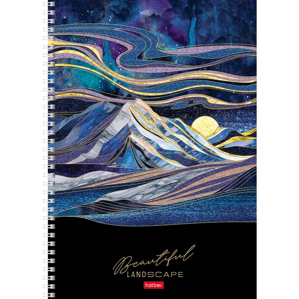 Тетрадь А4, клетка, 96 л., на гребне, 65 г/м², мат. лам., 3D лак, микроперф., Hatber Золотые склоны гор_4 дизайна