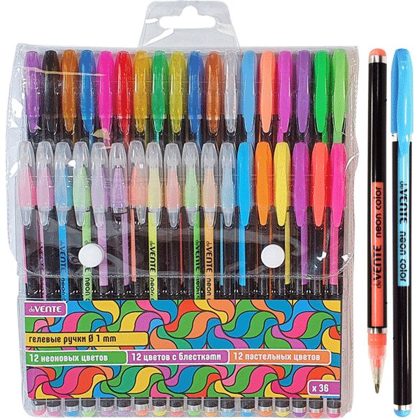 Ручки гелевые, набор 36 шт./36 цв. (неон., паст., блест.), Ø 1.0 мм, лин. 0.45 мм, deVENTE MIX Black