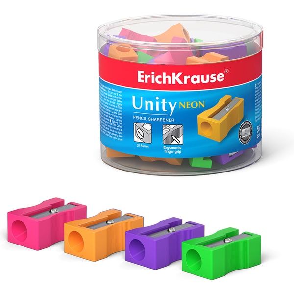 Точилка пластиковая ErichKrause Unity Neon, 1 отв., ассорти 4 цвета